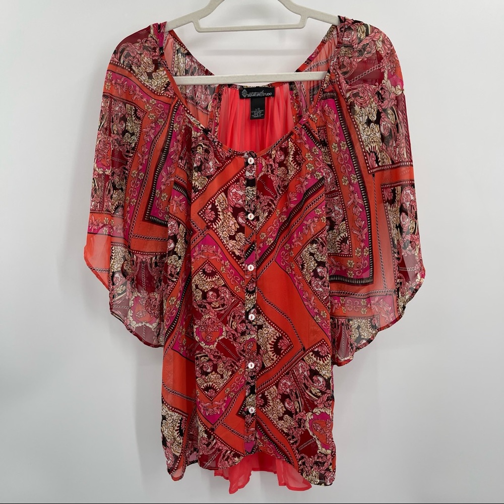 Signature Studio Batwing Sleeve Size L Sheer Multi Colored